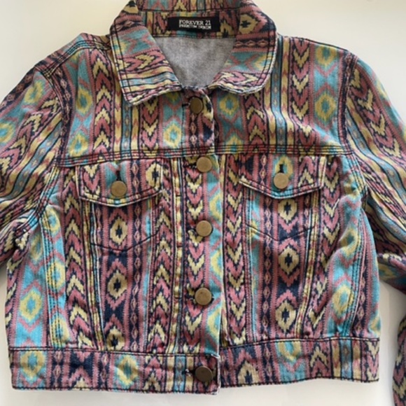 Forever 21 Premium Denim | Tribal Aztec Boho Cropped Denim Jacket Y2K Size S - Picture 9 of 12